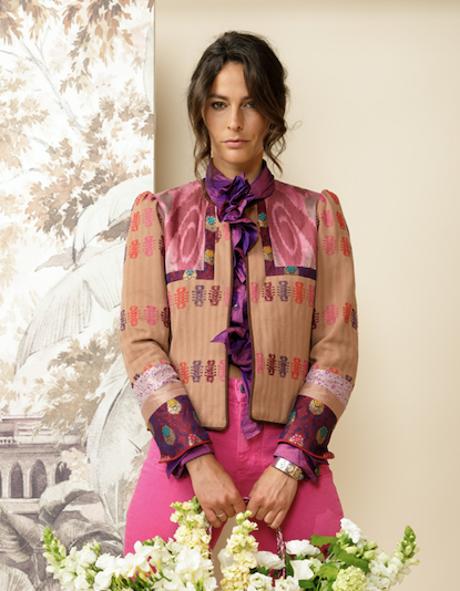 Woman's brown statement bohemian jacket in ikat silk and cotton 