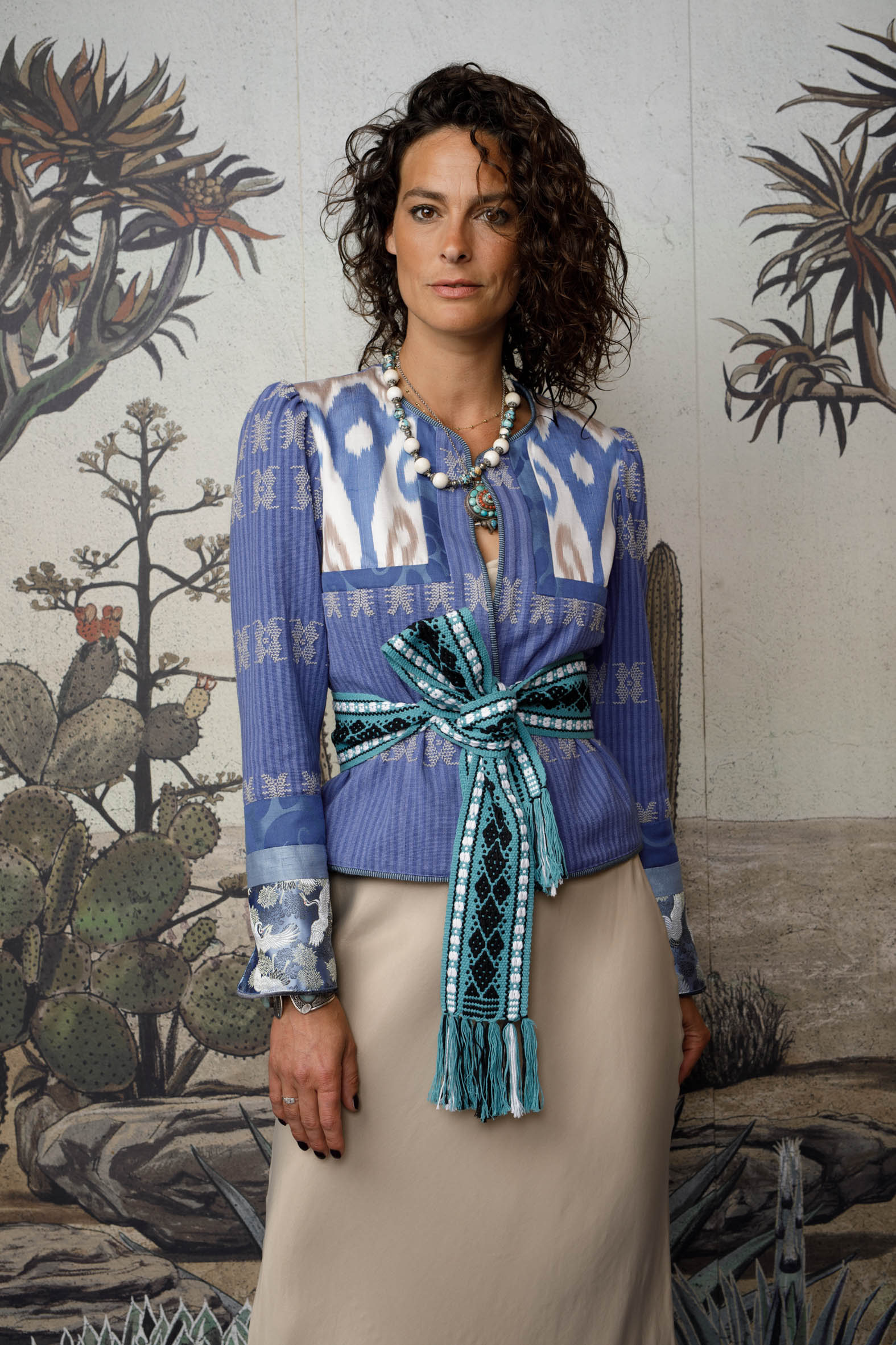 Woman's blue statement bohemian jacket in ikat silk and cotton 